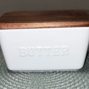 Better Homes + Gardens White and Acacia Wood Porcelain Embossed Butter Dish